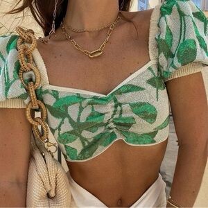 Pink Ripple Green & Cream Puff Sleeve Knit Crop Top Size M